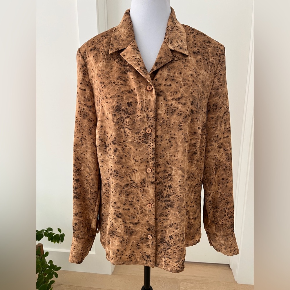 DELMOD Brown Abstract Pattern Long Sleeve Button Front Blouse Business Career